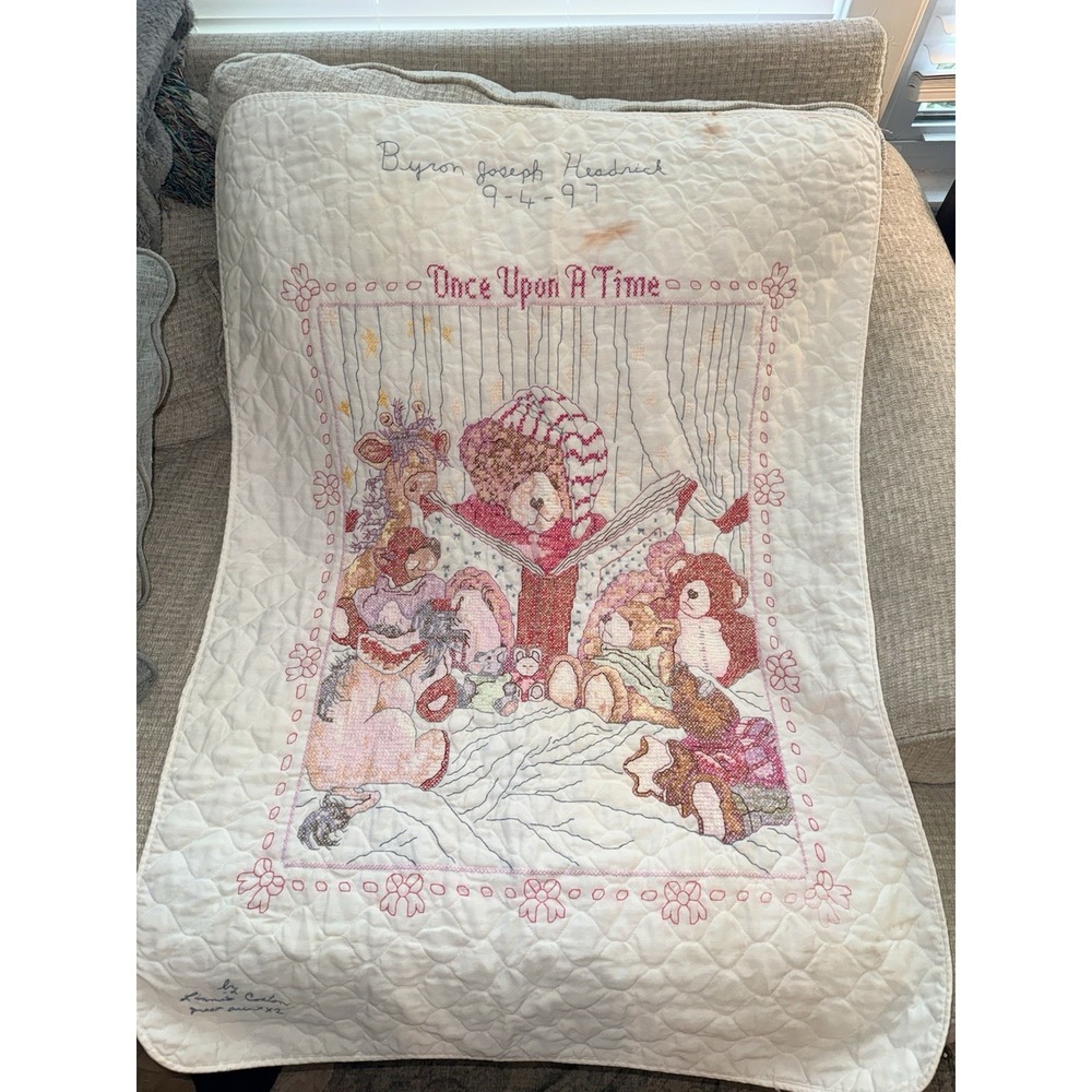 Bucilla Baby Heirloom Quilt "Once Upon A Time" Stamped Cross Stitch Finished